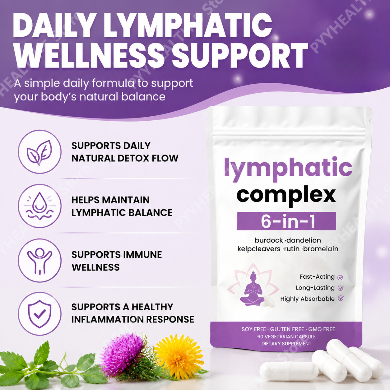 Herbal Supplement - Capsule Complesse Linfatiche 6-in-1 con Bardana,